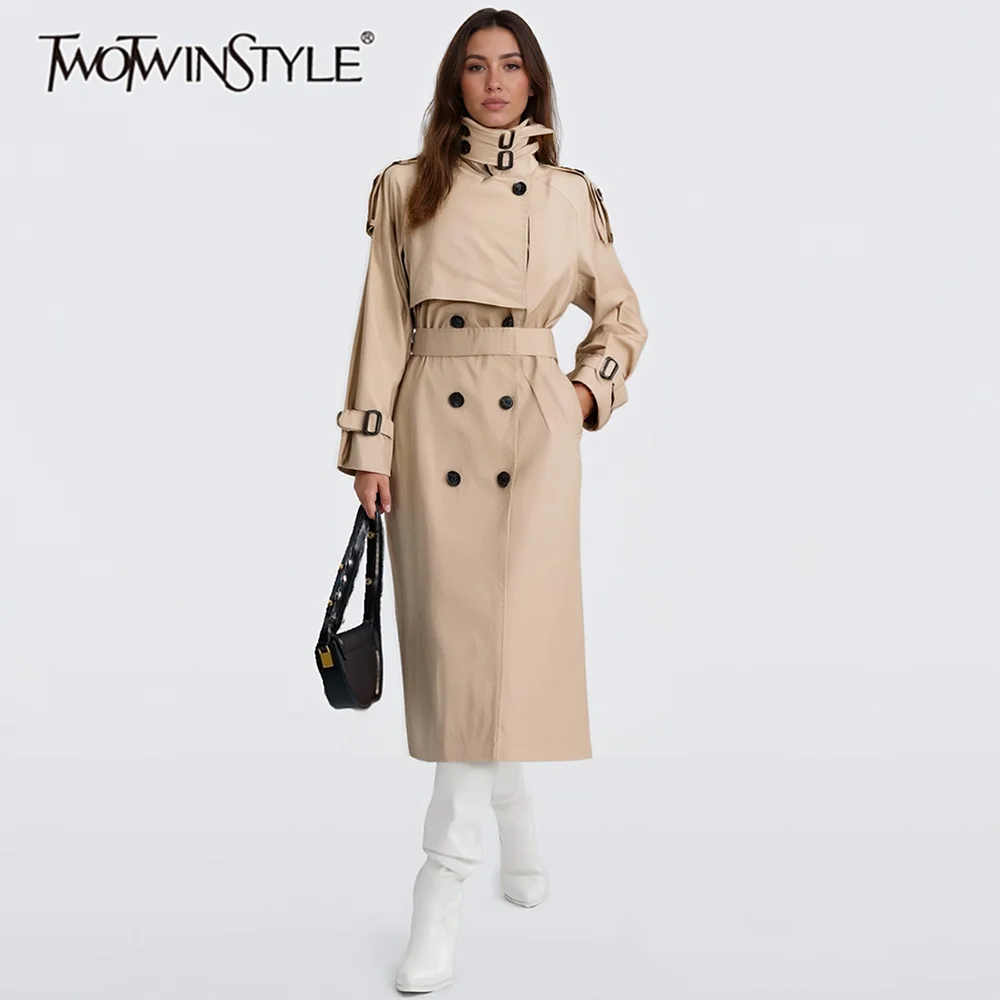 

TWOTWINSTYLE однотонные сращенные темпераментные тренчи на шнуровке для женщин с высоким воротом и длинными рукавами в стиле пэчворк, двубортный женский тренч