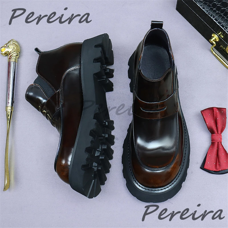 Retro Thick Soled Men's Boots Autumn Winter Warm Plush Round Toe High Top Shoes British Handmade Genuine Leather Ankle Boots