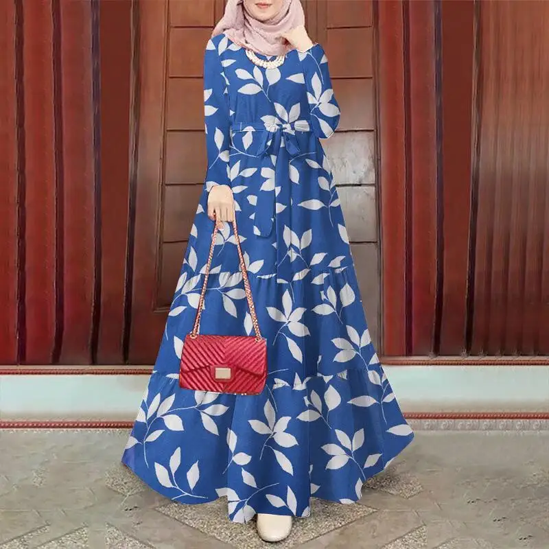 Muslim plus size women's floral elegant dress, long sleeved long sleeved swing dress