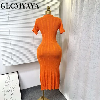GLCMYAYA Women Single Breasted O-neck Short Sleeve Knit Ribbed Bodycon Midi Dress 2025 Vacation Sexy Party Club Vestidos Dresses 2