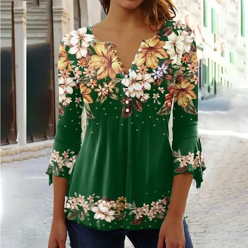 2024 Autumn New Tees For Women's V Neck Button Floral Printed T Shirt Long Flare Sleeve Casual Temperament Elegant Ladies Tops