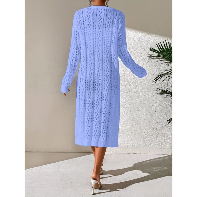 Cárdigan largo de punto calado con frente abierto para mujer, manga larga, estilo bohemio, para playa o resort, tipo kimono