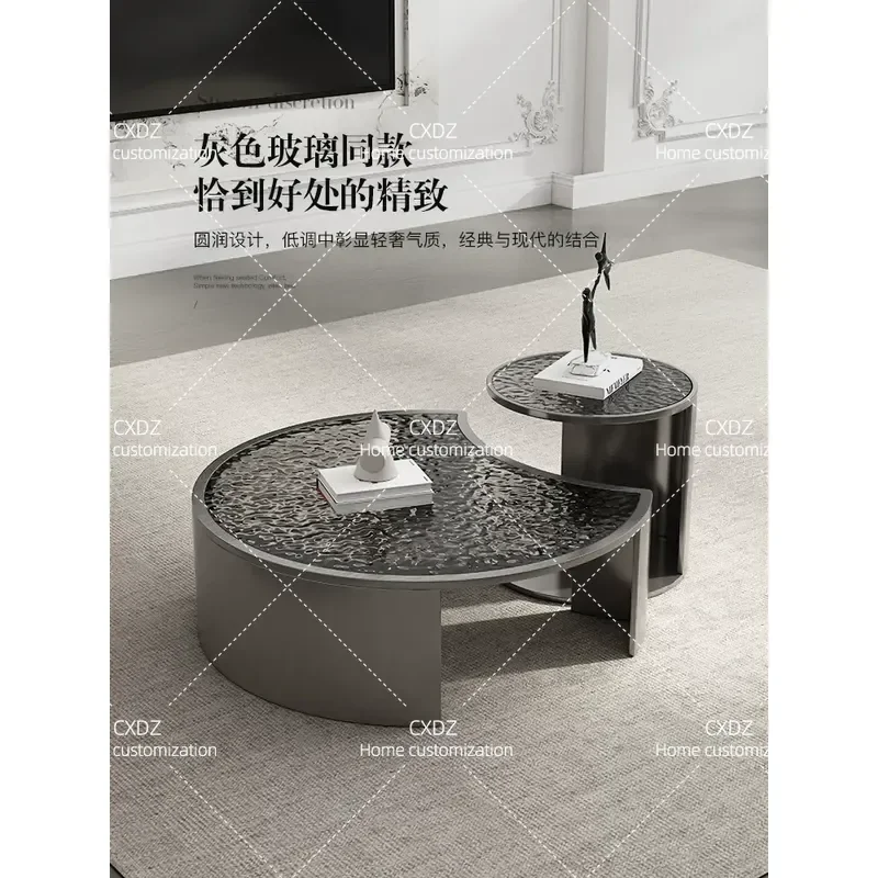 Minimalist Stainless Steel Round Coffee Table with Tempered Glass Water Ripple Top Light Luxury Wabi Sabi Style Living Room