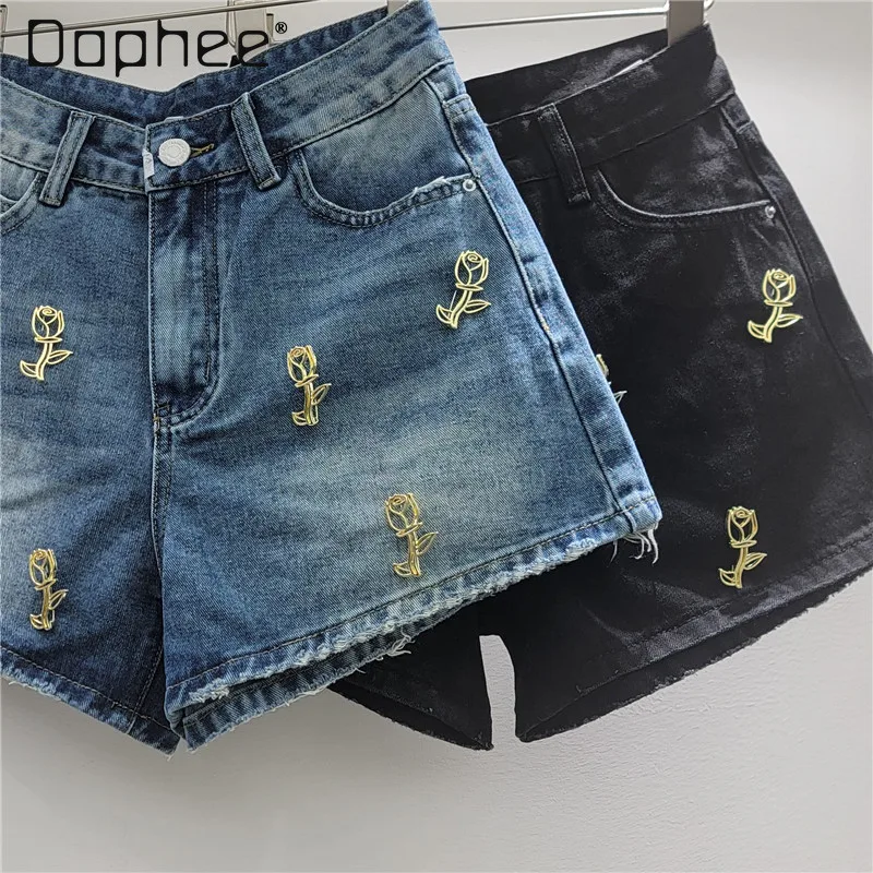 

2026 Summer New Korean Ins Rose Metal Decorative Loose Denim Shorts Women Trendy Spice Girl Y2k High Waist Slim Wide Leg Pants