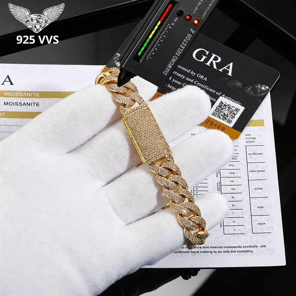 Cadena Cubana de Alta Calidad, Joyería Hip Hop, 13.5mm, Plata de Ley 925, con Incrustaciones de Diamantes Moissanite VVS1, Brazalete Cubano para Hombre