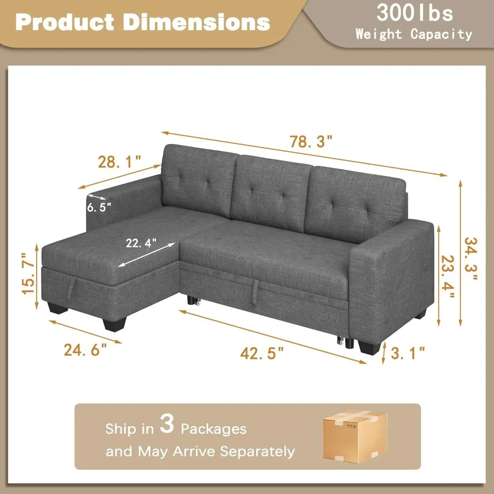 Sofa Bed L Shaped Sectional Couch with Reversible Storage Chaise Lounge, Modern Fabric Pull Out Couch & Couch Bed for Living