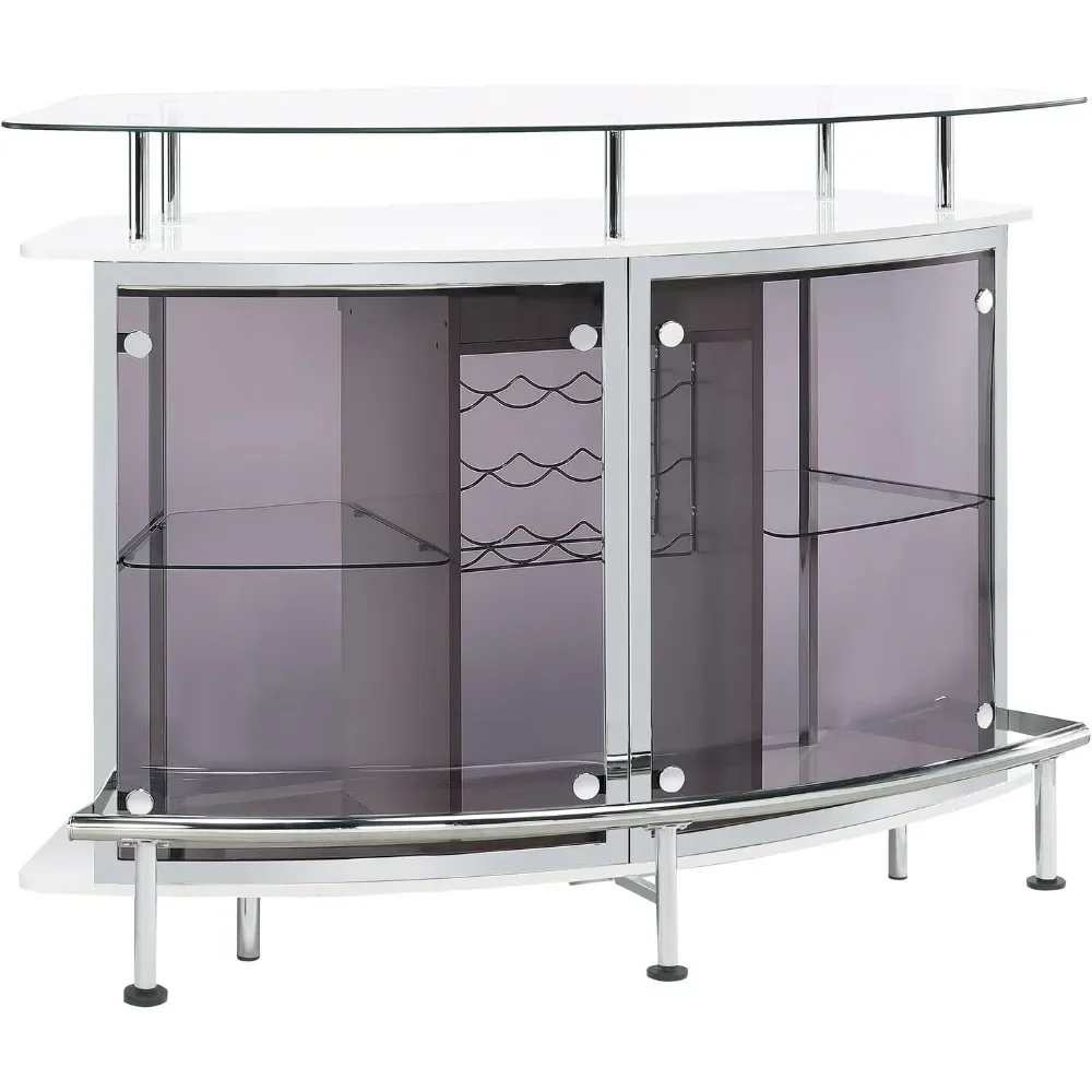 Modern Home Bar Table Wine Storage Cabinet, Tempered Glass Top & Shelves Smoked Acrylic Panels, White High Gloss & Chrome