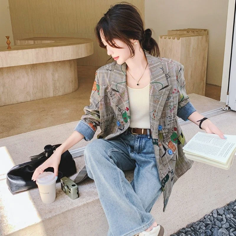 Doodle Plaid Printed Suit Women's Loose Age-reducing Retro Jacket Casual Top