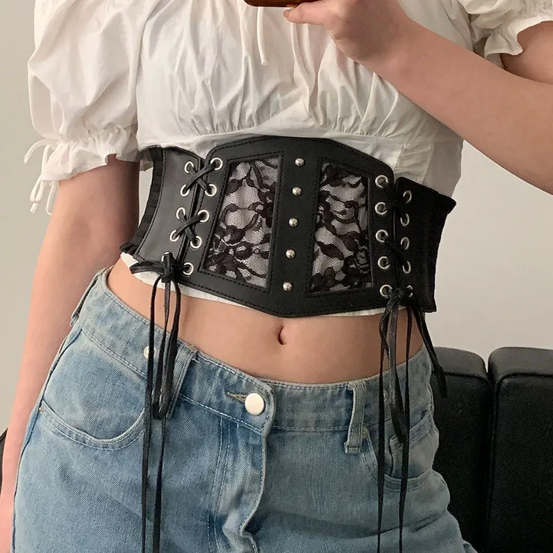 Sabuk Korset Elastis Retro dengan Gesper Pin untuk Wanita, Cummerbunds Goth Punk, Sabuk Korset untuk Gaun Wanita, Korset untuk Dipakai di Atas Gaun