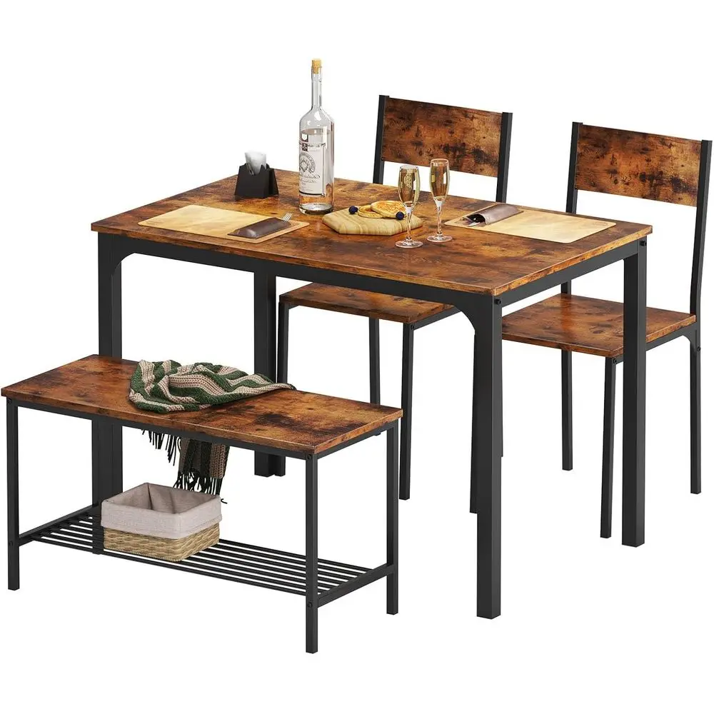 Kitchen Table Set or 4, Nesting Table with 2 Chairs & Bench, Rustic | ern Black e, Storage Shel, Space-Saving or Dining Room, Re