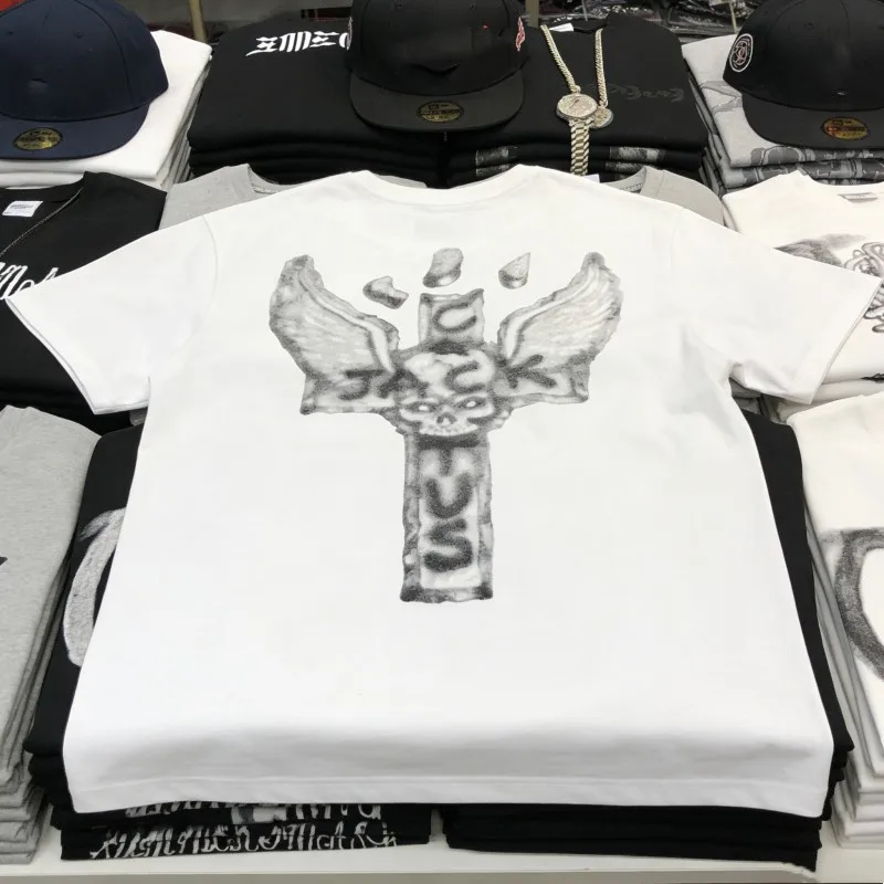 Summer White Cactus Jack Tshirts Inverted Skeleton Bike Graffiti Short Sleeve Men Women Casual Breathable Tops Street Outfit