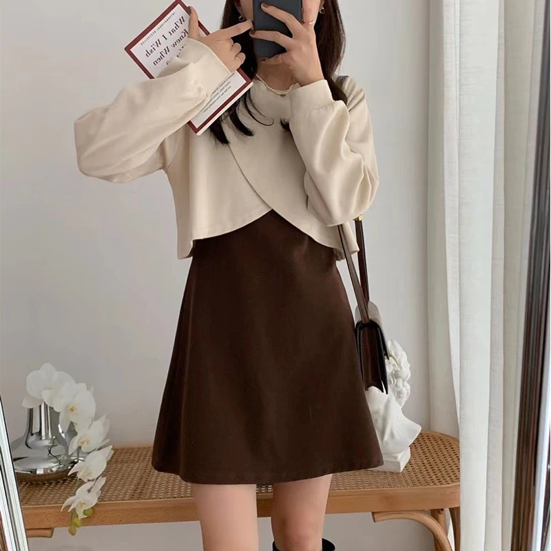 Spring Autumn Round Neck Irregular Long Sleeve T-shirt Solid Color Mini Tank Dress Set Women Casual Fashion Tee Vestidos Suit