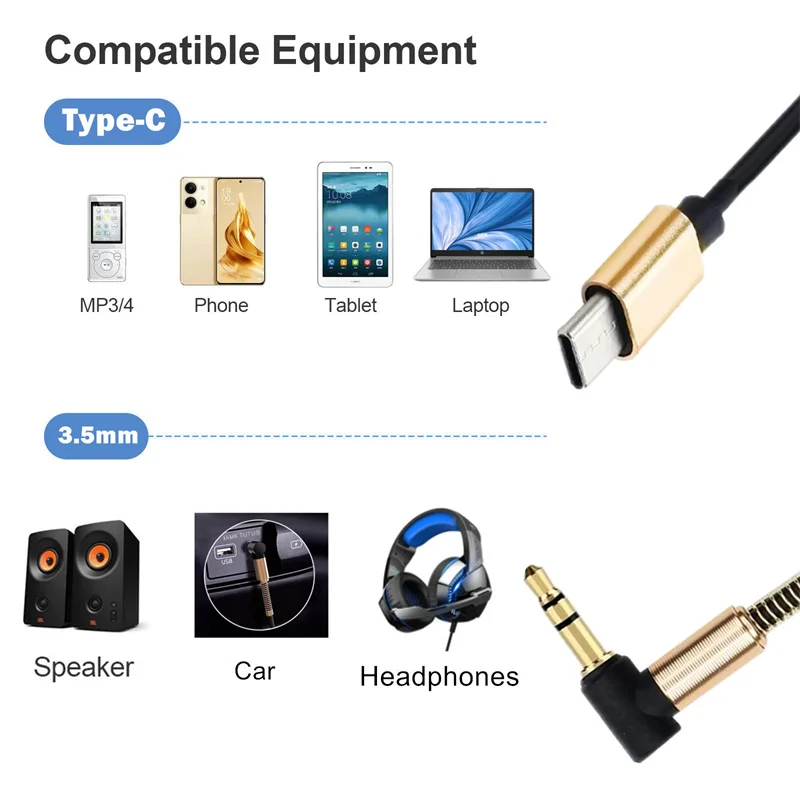 Spring Spiral Coiled USB C to 90 Degrees 3.5mm Extension Headphone Audio Aux Jack Stereo Cord Car Cable for Smartphone Device