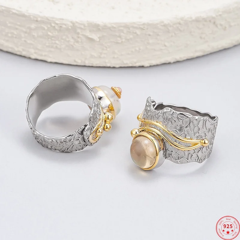 

S925 Sterling Silver Rings for Women Men Relief Contrasting Colored Irregular Pattern Inlaid Opal Fashion Jewelry Wholesale