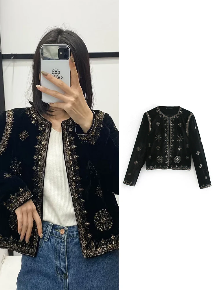 

Новая вельветовая куртка с круглым вырезом для женщин: шикарная, с вышивкой пайетками, элегантный дизайн, короткая женская куртка, модная уличная одежда с длинными рукавами