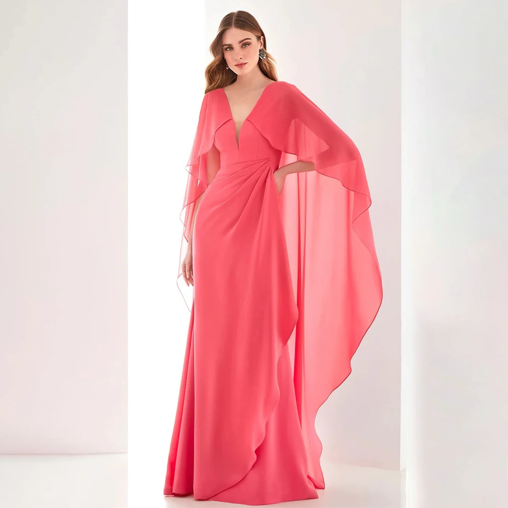 Peach Wedding Guest Dresses for Women Deep V Neck Mermaid Formal Party Gowns Long Chiffon Draped Cape Elegant Evening Dress 2024