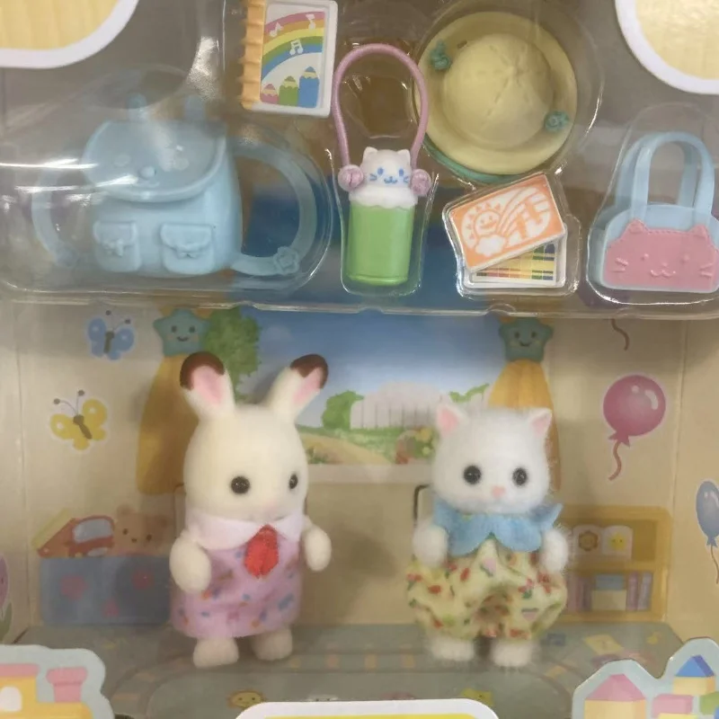 Sylvanian famílias boneca em miniatura acessórios bonito coelho berçário amigos andando ao longo duo crianças fingir jogar brinquedos para meninas presente