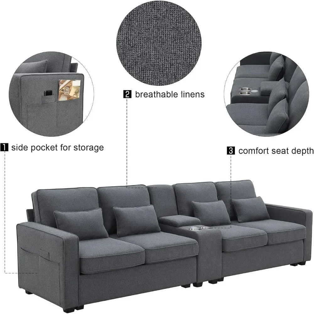 Upholstered Sectional Sofa with Console, 2 Cup Holders and 2 USB Ports & Wirelessly Charged, Modern Linen Fabric 4-Seat Couch