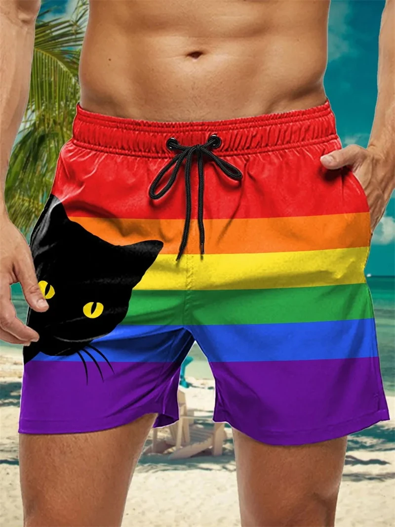 Rainbow Colored Pattern 3D Printed Mens Swimming Trunks Quick Dry Beach Board Shorts Swimwear Suits Summer Vacation Shorts New