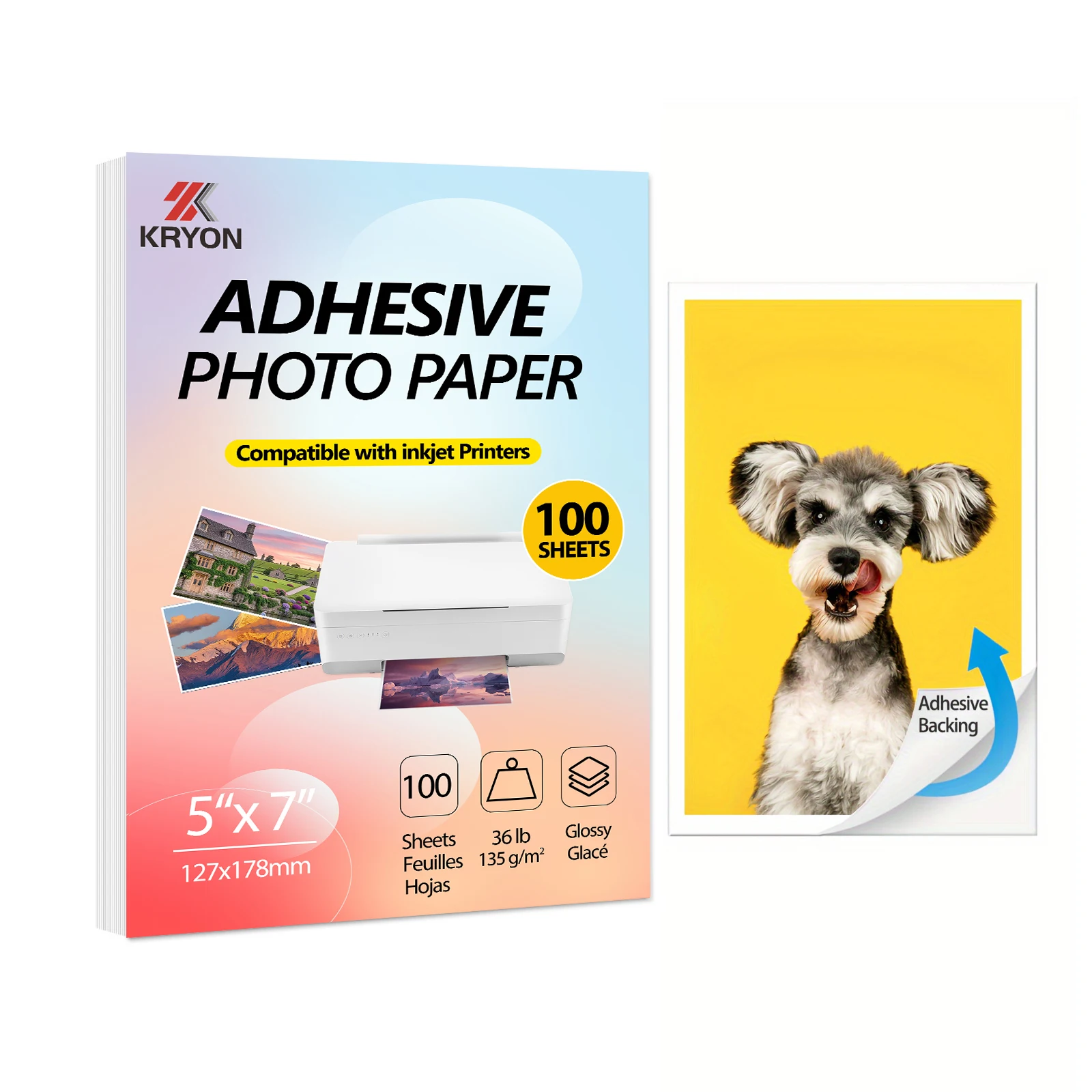 100 Sheets Glossy Sticker Paper for Inkjet Printer Printable Self-adhesive Photo Paper 5 X 7 Inch 135 GSM 36Ib White Glossy Dr