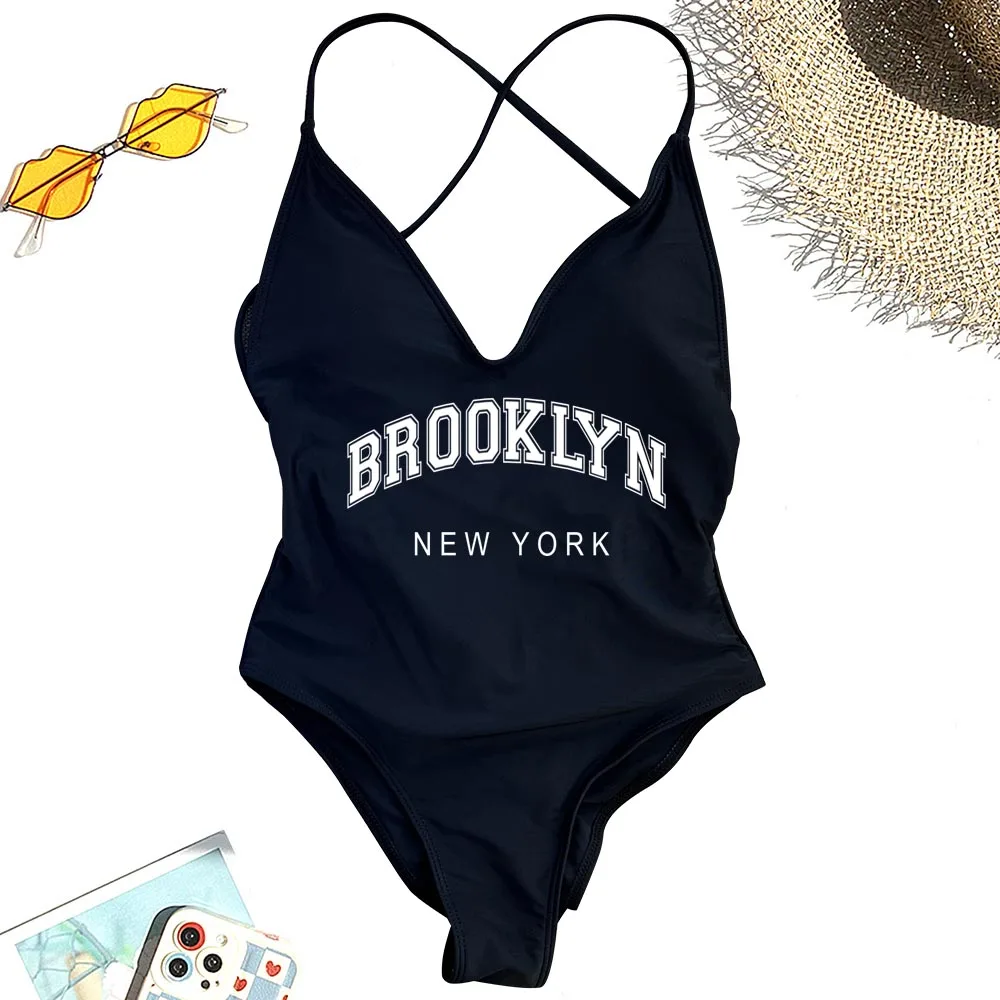 S-XL Brooklyn New York Bedruckte, gepolsterte, einteilige Badeanzüge für Damen, Vintage-Bademode, Schnür-Badeanzug, Badeanzüge
