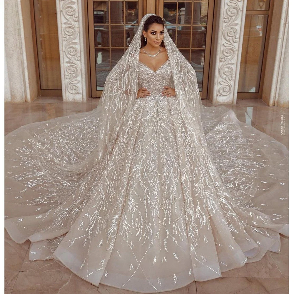 

Sexy Luxury V Neck Arabian Glitter Champagne Wedding Dress Cathedral Train Long Sleeve Sparkly Sequin Beaded Bridal Gown Robe