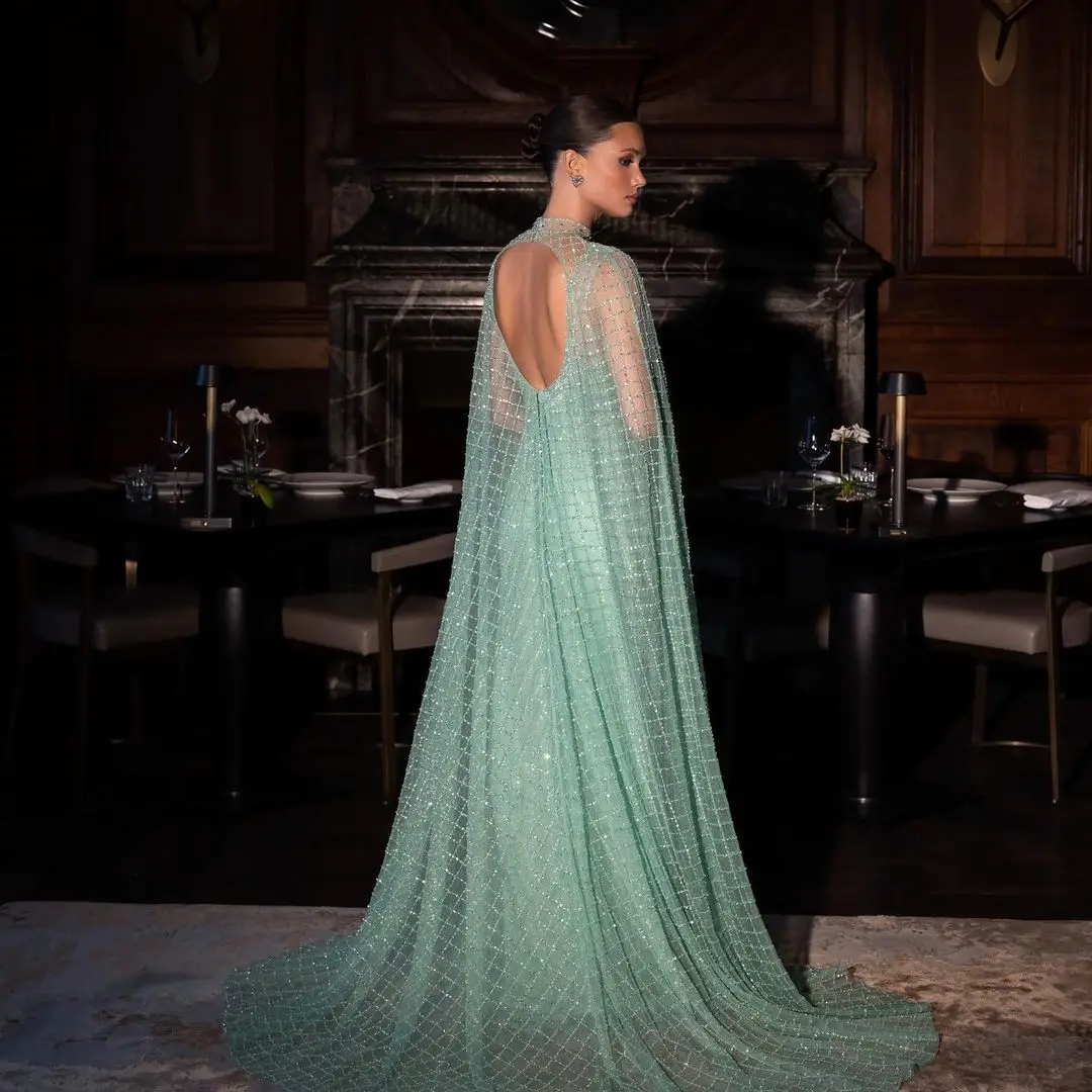 Luxury Cap Sleeves Evening Dresses Women 2023 Mint Green Beaded Open Back Glitter Tulle Arabia Formal Dress Vestidos Noche