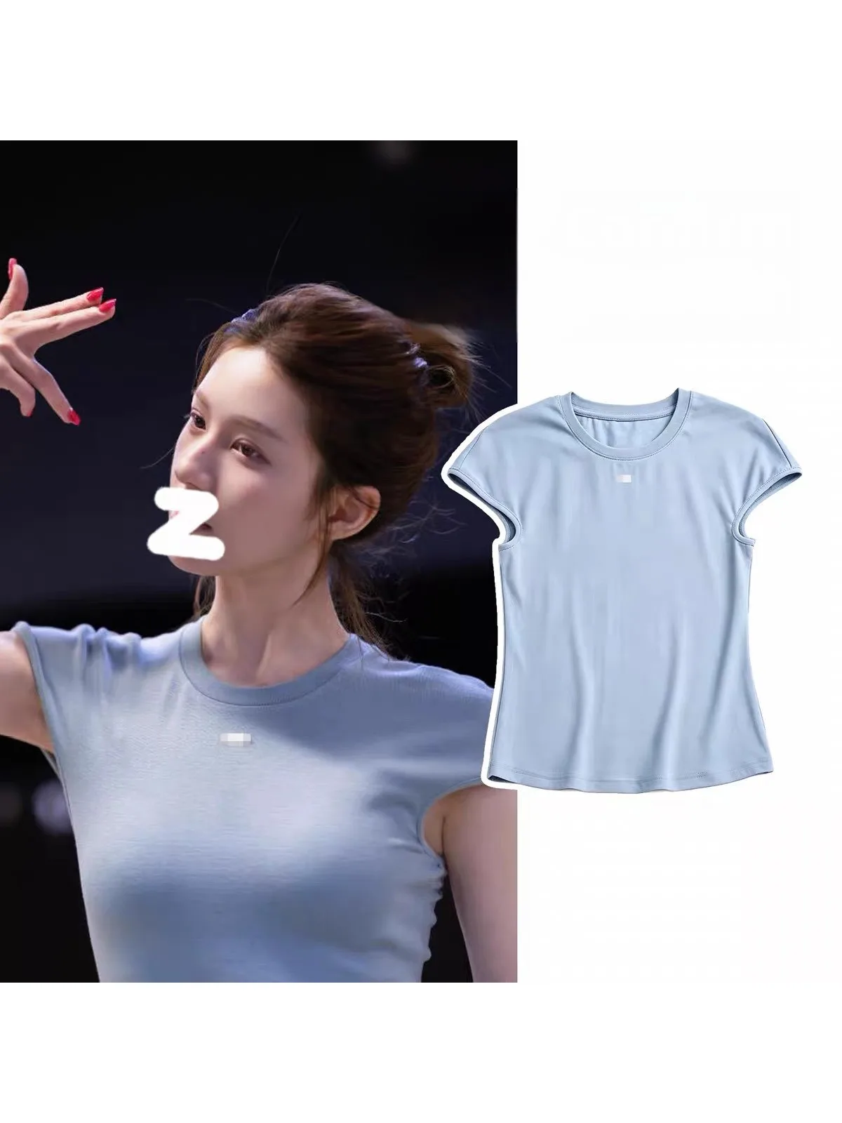 

Zhaolu Short Sleeve Blue T-Shirt Women's Fashion Design Shoulder Wrap Slim Fit round Neck Top Casual Style Universal Fit Knitted