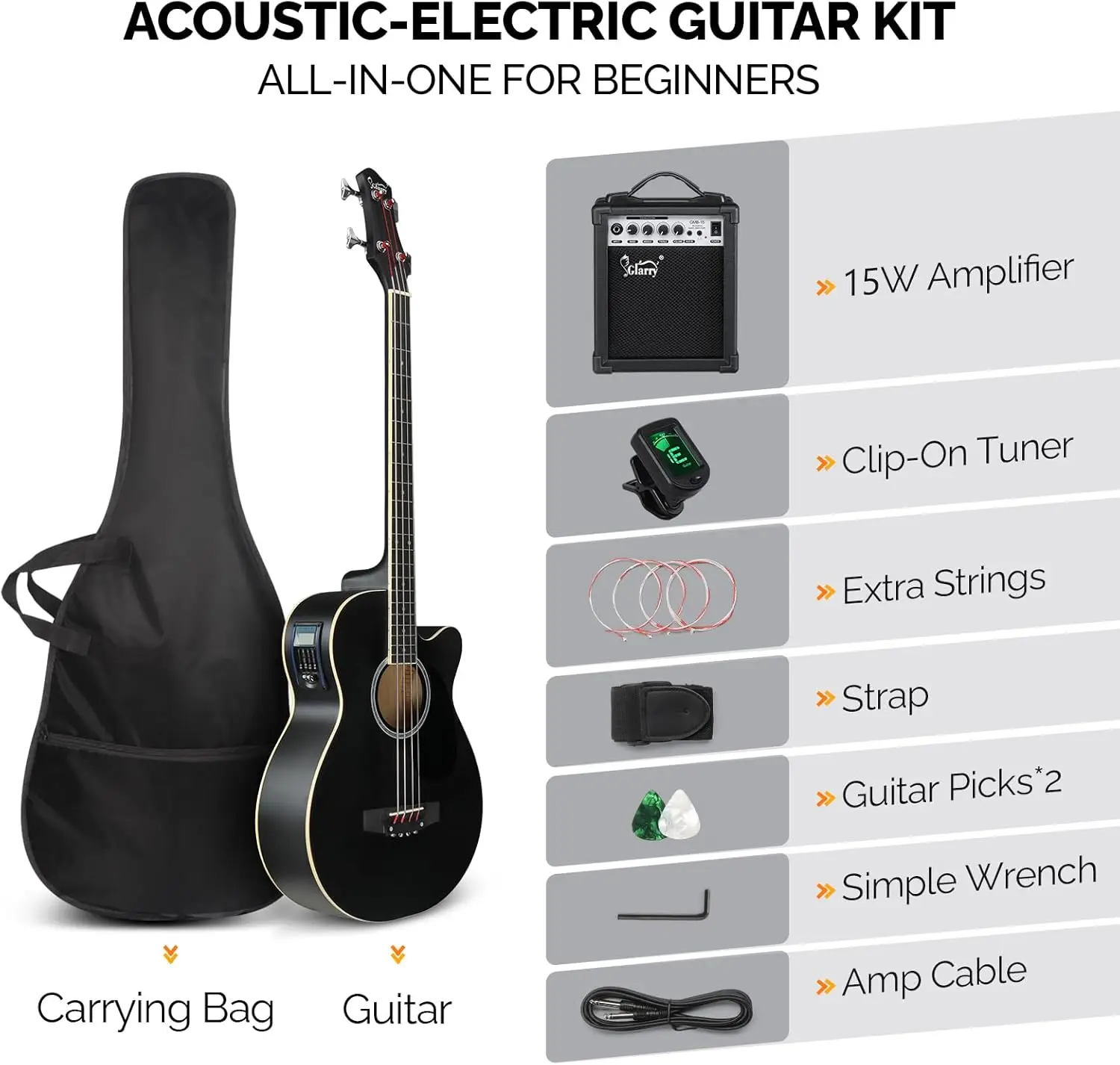 Acoustic Electric Bass Guitar Beginner Kit Full Size with 15W Amp, Cutaway 4-String Bass w/ Built-in Tuner, Includes Gig Bag, Strap, Picks, Extra Strings, Matte Black Finish view 2