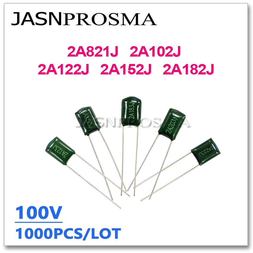 JASNPROSMA 1000PCS 100V 2A821J 2A102J 2A122J 2A152J 2A182J 1NF 1.5NF 1.8NF 102J 122J 182J 2A 5% Condensador de película de poliéster