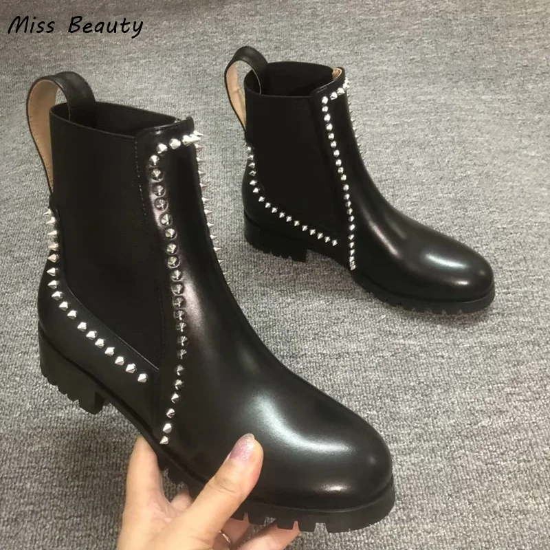 

Black Leather Studded Ankle Booties Women Round Toe Silvery Rivets Slip On Strap Comfortable Knight Bota