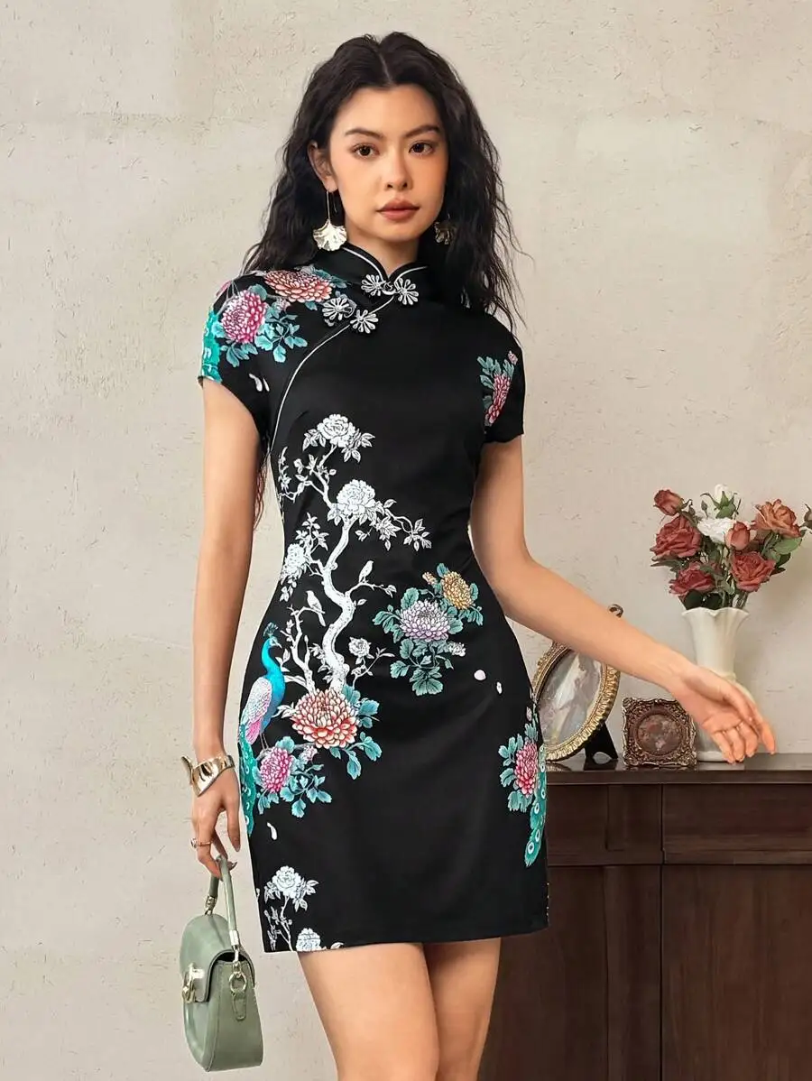

Elegant Floral Peacock Print Mandarin Collar Dress, Slim Fit Mini Dress for Summer