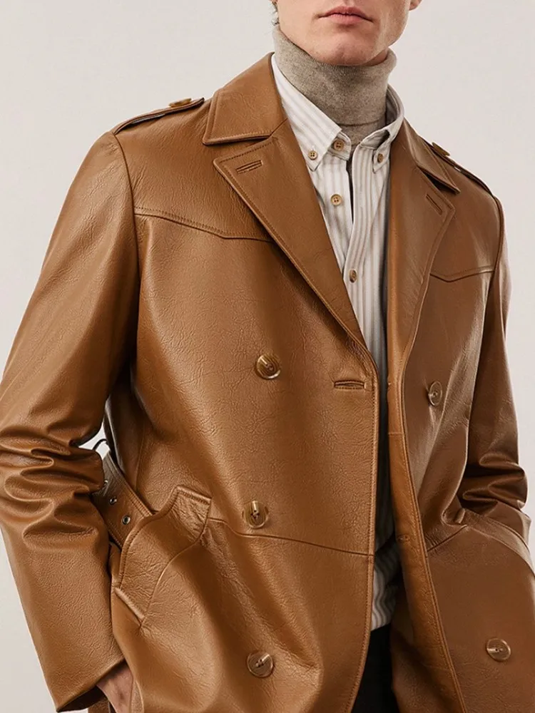 Mens Double Breasted Belted Waist Loose Fit Cowhide Gneuine Leather Long Jacket New Business Casual Work Windbreaker Trench Coat