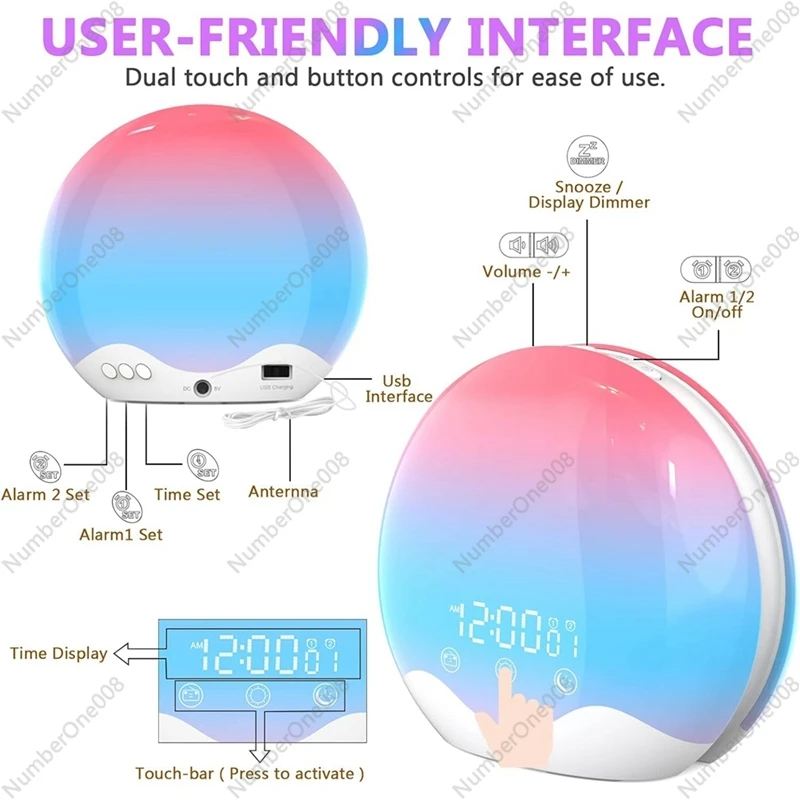 Sunrise Alarm Clock Wake Up Light With Touch Control,Dual-Sided Light Alarm Clock For Bedroom,Dual Alarm & Snooze Easy To Use