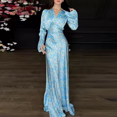 2026 Lady Elegant Temperament Evening Dresses Spring Floral Print Women's Party Dress Elegant V-neck High Waist Satin Long Dress