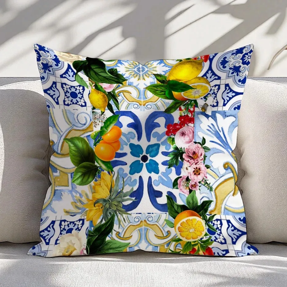

Mediterranean Blue Tile Lemon Pillowcase 2D Flat Printed Peach Skin Floral Fruit Cushion Cover For Sofa Living Room Decor