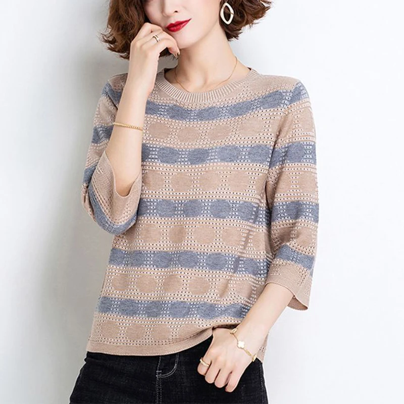 

Summer Elegant Fashion Chic T-shirt Women All Match Contrasting Color Three Quarter Sleeve Round Collar Knitted Loose Casual Top