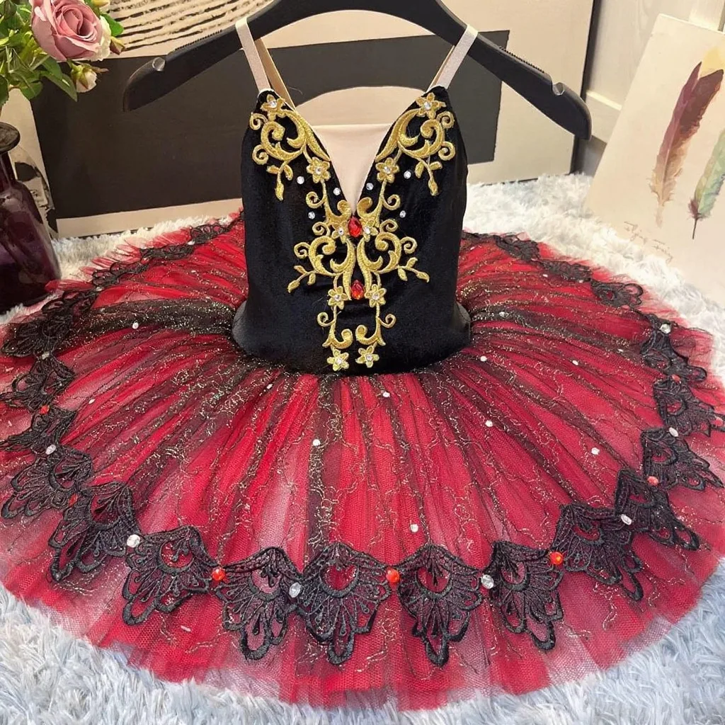 Professionelles Ballett-Tutu für Mädchen, schwarz-rot, klassisches Ballerina-Tanzkostüm, Spaghettiträger, schwarzes Samtoberteil, Ballettrock.