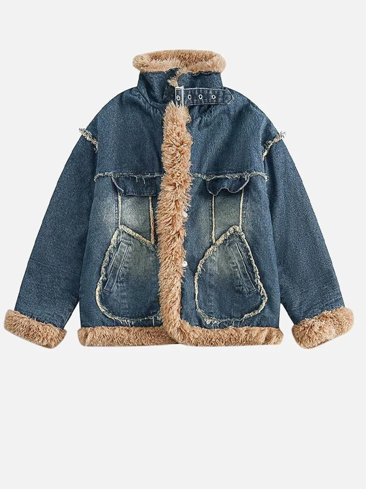 

Women Chic Cowboy Warm Cotton Jackets Retro Long Sleeved Lapel Thick Jacket New Lady Autumn Winter High Street Commute Outfit