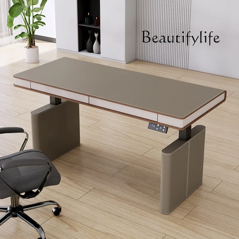N49 Saddle leather Double motor Electric lifting table Solid wood Office with drawers Computer desk Lifting desk