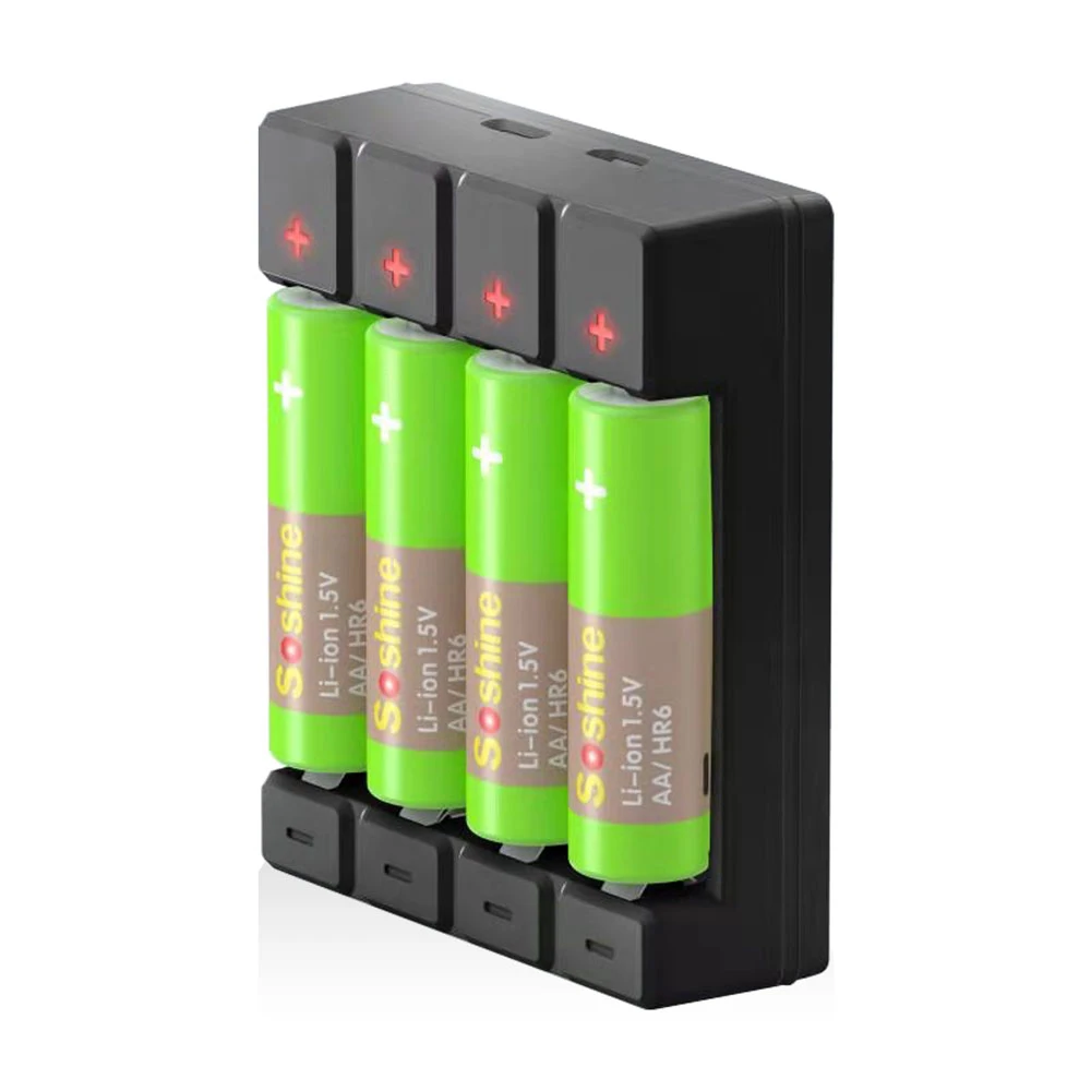 Soshine Smart Rechargeable 1.2V AA AAA NiMH Batteries Charger Black 3.2V LiFePO4 and 3.7V Li-ion 4 Slot Battery Charger Type-C