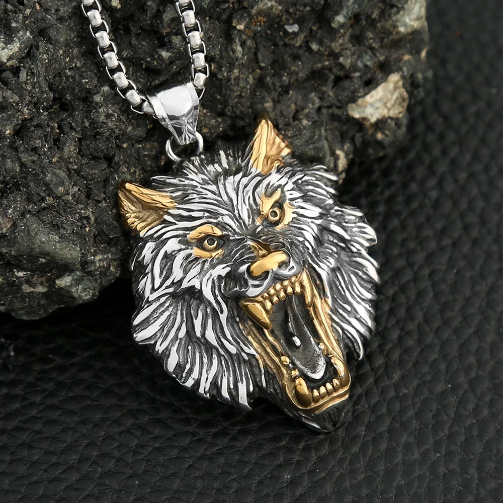 Punk Viking Wolf Head Pendant Necklace Gold Color Stainless Steel Odin Wolf Necklace Norse Mythology Jewelry Gifts Accessories