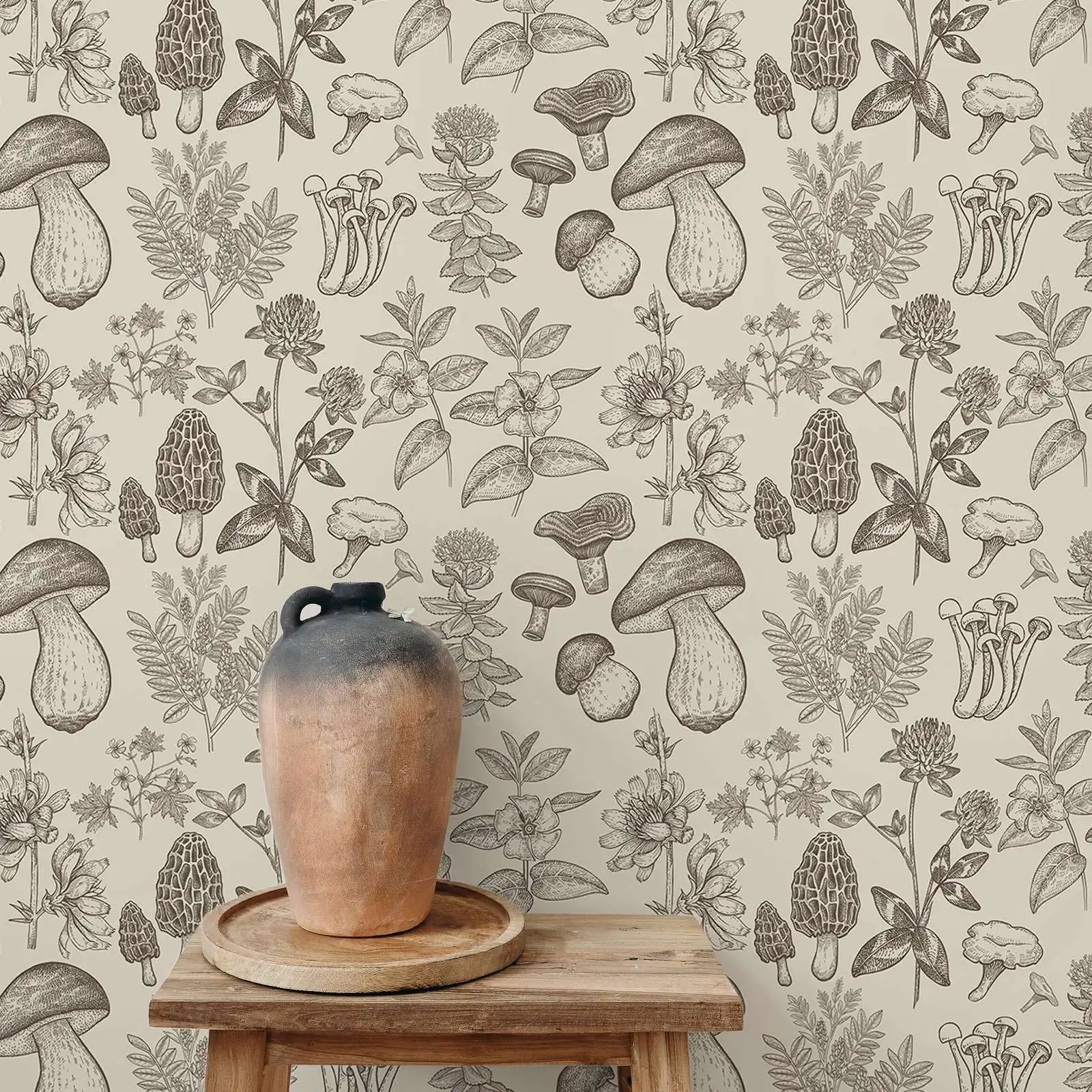 Mushroom Wallpaper Peel and Stick,Botanical Pattern Wall Mural For Home Decoration,Self-adhesive Or Traditional Wall Paper Roll