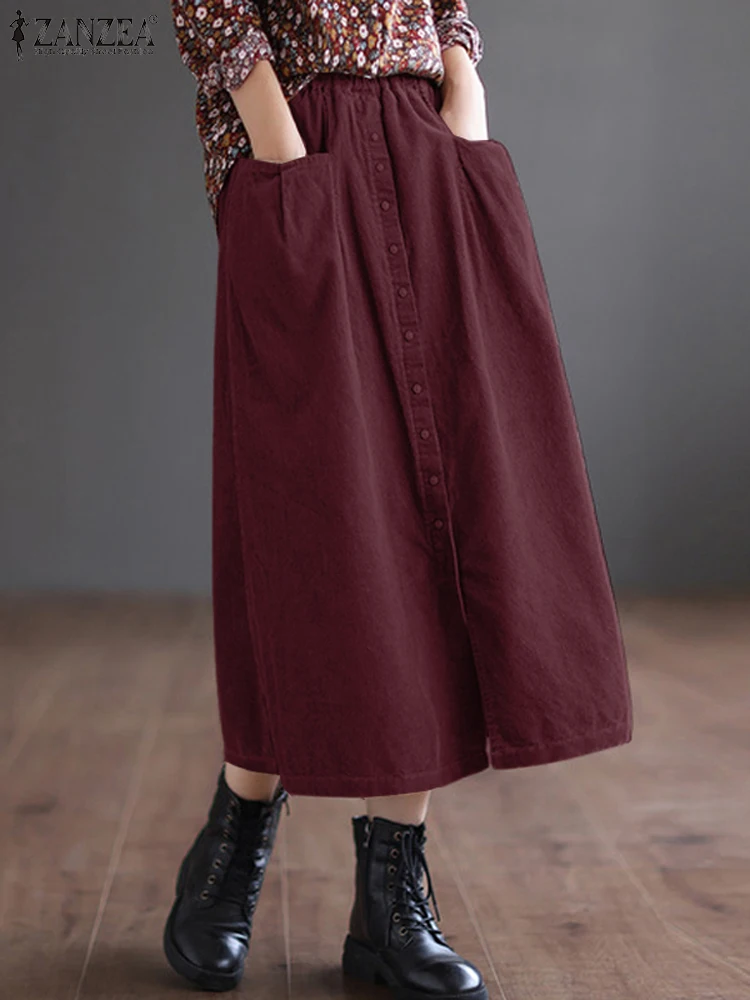 Autumn Sundress Women's Corduroy Skirts 2024 ZANZEA Vintage Jupes Woman Casual Elastic Waist Baggy Vestidos Solid Midi Skirt