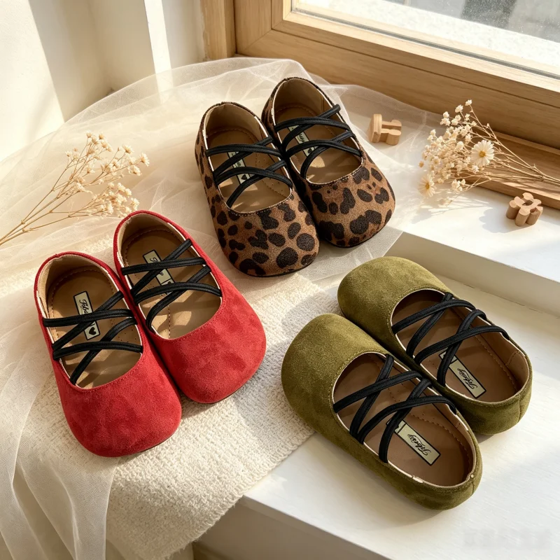 Toddler Girls Cross Strap Leather Shoes 2026 New Autumn Kids Animal Print Mary Jane Flats Non-slip Simple Princess Party Wedding