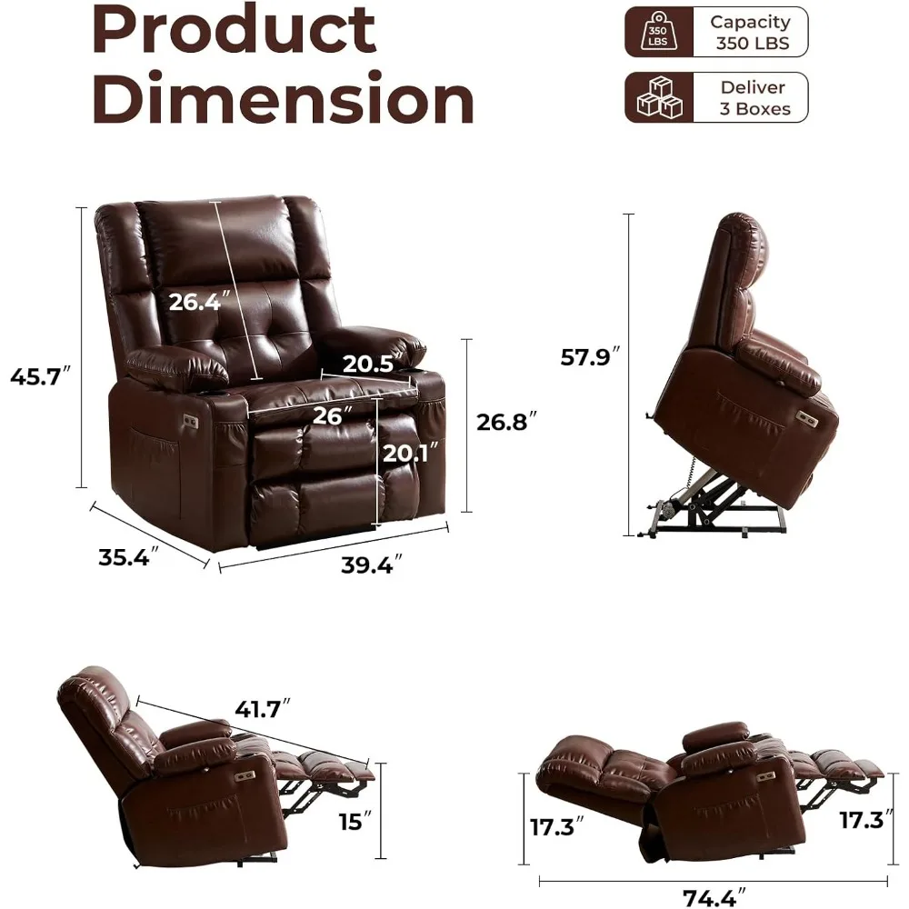 Dual Motor Lift Recliner with Massage, Heat, Oversized Chair, Arm Storage, Flat-Laying Recliner for Adults, Infinite Positions