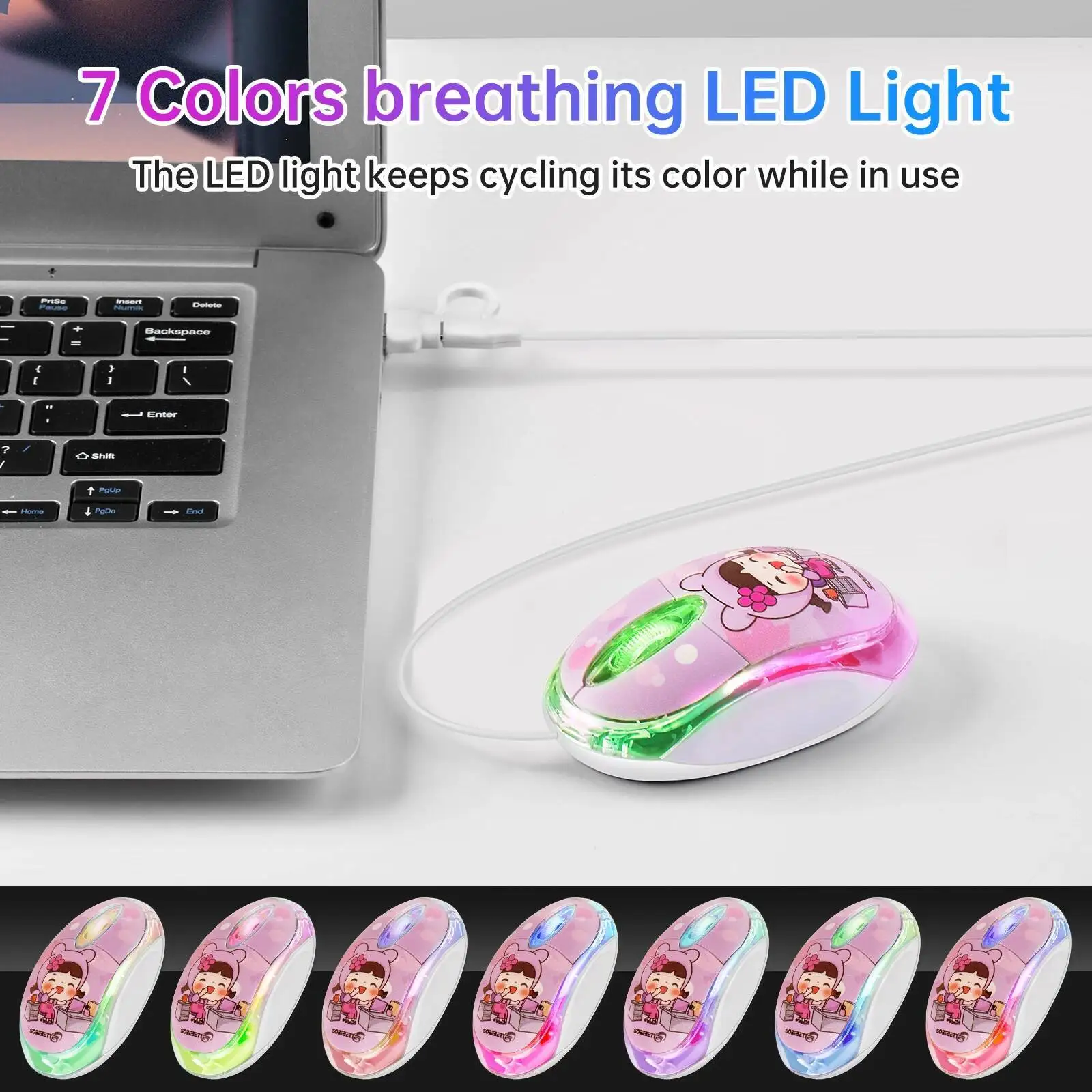 

Cartoon Wired Mouse USB Type-C 2 In 1 Seven-Color LED Light 1000 DPI Silent Click PC Gamer Peripheral For Computer Laptop Office