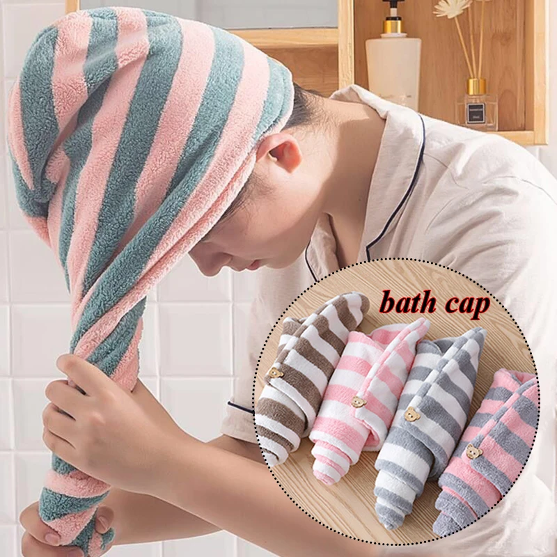 Coral Fleece Absorbent Bandana for Dry Hair Bath Towel Soft Cap Stripe Shower Pink Two Tone Gray Purple Camel Not Easy To Lose