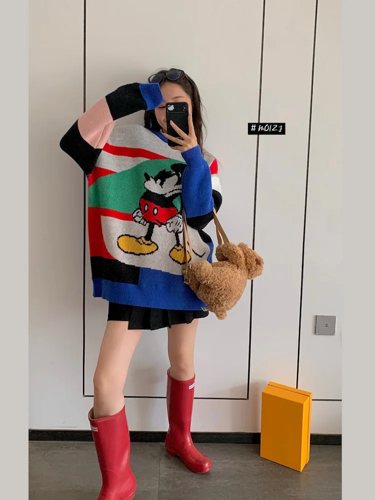 

Женский свитер ChunHua Zheng большого размера, свободного кроя, с круглым вырезом, повседневный, с цветными блоками и мультяшным принтом, удобный топ