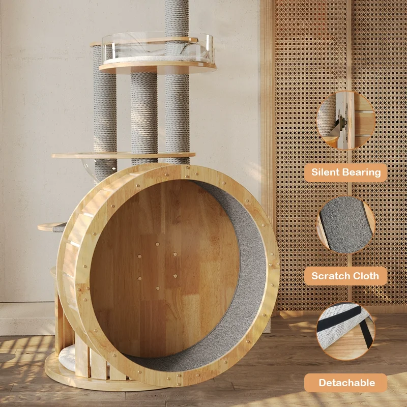Climbing Scratching Kraft Paper Rope Column Sisal Post Rubber Wood Running Exercise Wheel Pet Treadmill Cat Tree Tower